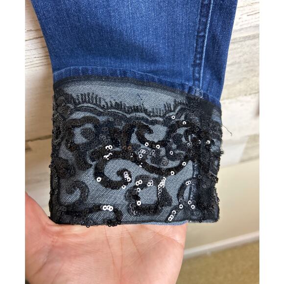 Chico’s Women’s S So Slimming Ankle Jeans Blue Denim Black Lace Sequin Cuff Zip - Picture 4 of 6